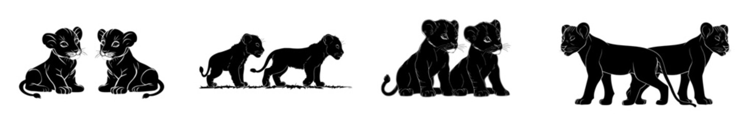 Image of young lions in black silhouette on a white background, representing an isolated icon of a wild cat from Africa