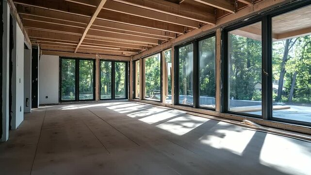 A modern home under renovation, showcasing EPS concrete floor insulation panels being installed between rustic wooden beams, with large windows letting in natural light.