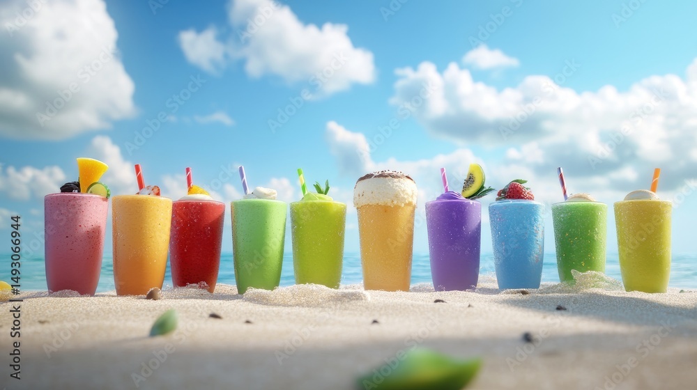 Poster A colorful lineup of flavored smoothies on a sunny beach, evoking refreshing vibes and smooth textures in a bright, breezy scene