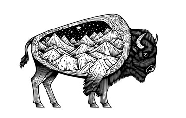 American bison double exposure vintage stamp illustration symbolizes backpacking in the United States of America © Andrei