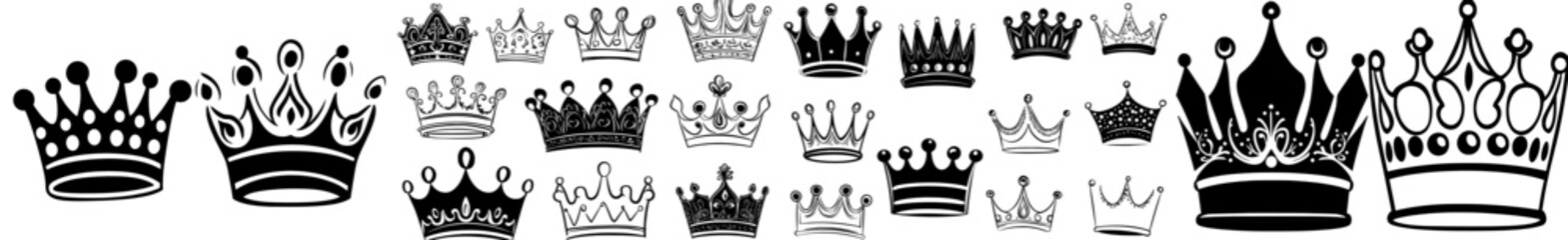 A set of doodled crowns, including line art sketches of king and queen crowns, fellow crowned heads with tiaras, beautiful diadems, and luxurious decals, forms a modern illustration collection of