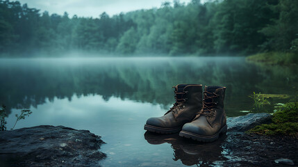 Hiking Boots by Serene Lake Amidst Foggy Forest Landscape