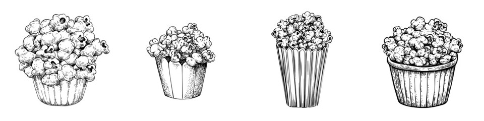 A film icon presented in a flat style, accompanied by a modern popcorn illustration set against a white isolated background, symbolizing a pop corn bucket business concept