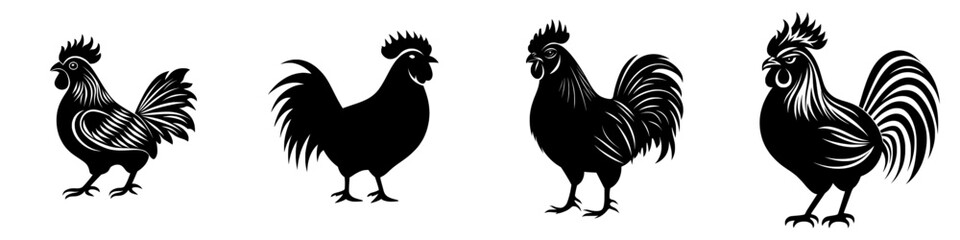 Modern rooster silhouette with chicken cock silhouette as modern images isolated on a white background featuring poultry chickens and roosters in a flat modern farm animal illustration