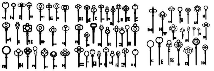 Key silhouettes include a range of vintage house keys, a retro safe key, and a security access icon, forming a modern collection