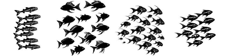 A contemporary element featuring the dark shape of fish in groups swimming in a wavy line isolated on a white background