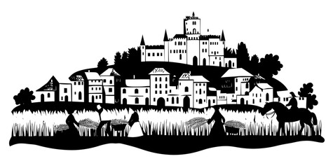 Obraz premium The historic life of medieval people, including poor villagers and farmers, is illustrated in a modern cartoon depiction of peasants working in a field with a horse and old European buildings