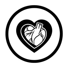 silhouette of a black and white business icon symbolizing a heart in a circle’ becomes ‘black and white sign of a heart within a circular business icon silhouette