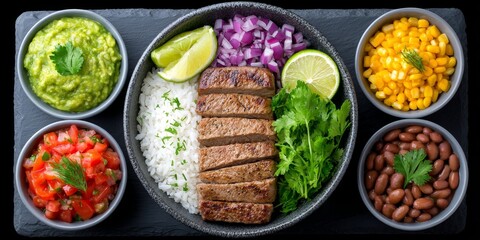 a realistic image of a burrito bowl with grilled meat rice beans and guacamole