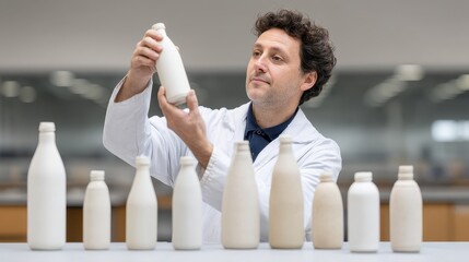 A scientist examines various milk bottles in a laboratory setting, showcasing different designs and shapes utilized for dairy products. Innovation in packaging for sustainability.
