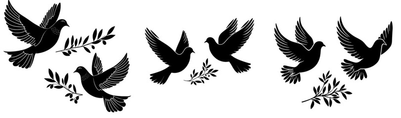 Fototapeta premium A contemporary icon template depicting a flying dove in black silhouette holding an olive twig