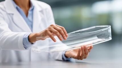 Obraz premium A scientist in a lab coat carefully holds a glass petri dish, showcasing precision and attention to detail in a laboratory setting. Ideal for scientific and medical themes.