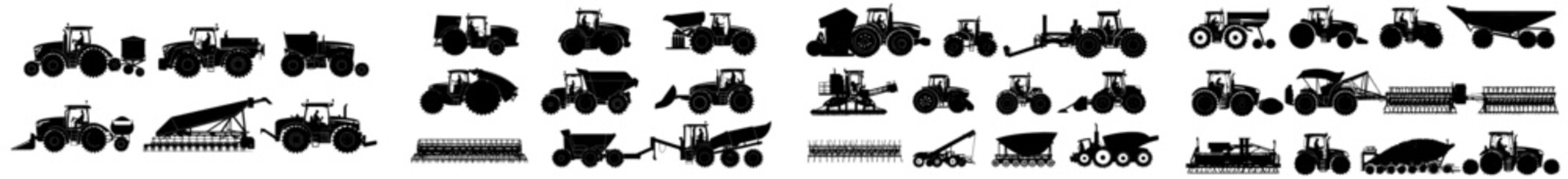 A collection of farming equipment icons, including tractors, harvesters, and crop dusters, used for agricultural work in fields, presented in a flat and isolated style