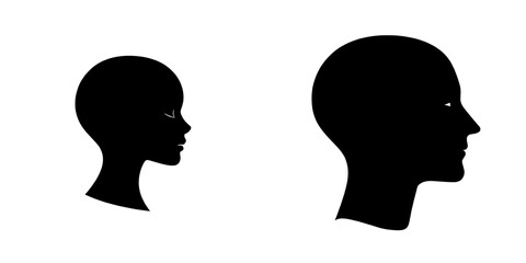 The symbol of a man's face is depicted as a human head shape modern icon, a person's side profile silhouette sign, an avatar portrait logo, and a clip-art illustration set against a white background
