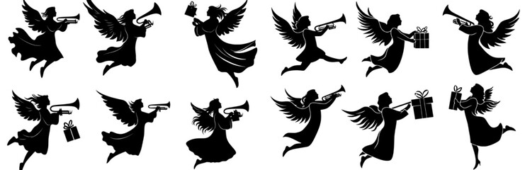 The Christmas angel set features various symbols associated with Christmas and religion, including an angel with a trumpet and a paper scroll, along with a gift, a candle, and a star