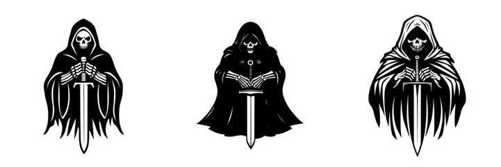 Modern illustration of a grim reaper character with a sword in black and white
