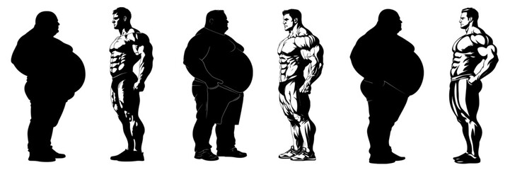 The silhouette of a fat and thin man is set against a modern white background