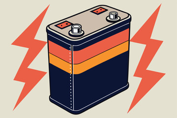 76 a dark metal battery with bright orange and red bands, sleek industrial design, high contrast, sharp details, 3d render