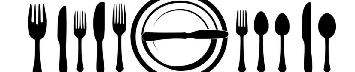 Modern tableware illustration featuring a silhouette of cutlery, including a spoon, fork, knife, and plate icon set, and a menu logo