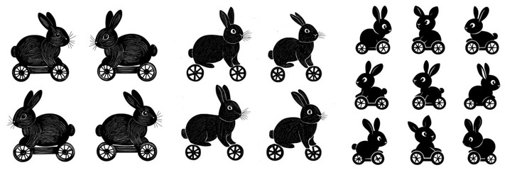 Folksy Easter bunny black silhouette collection, featuring a rabbit with furry ornament clipart set isolated on a white background, includes folk art hare animal shape design elements