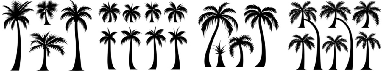 Obraz premium Modern illustration featuring isolated black palm trees on a white background, ideal for posters, banners, and promotional materials, showcasing palm silhouettes