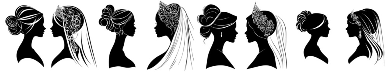 A beautiful woman's head is showcased in a modern black and white silhouette set, featuring an elegant bride profile portrait adorned with rose flowers and a long veil © Andrei