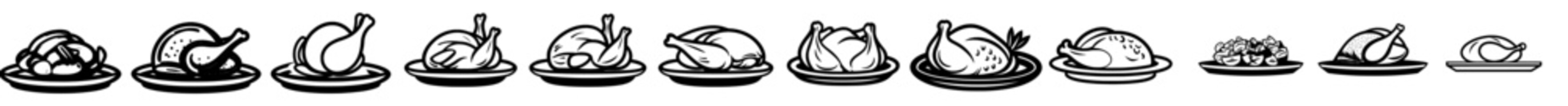 Illustrations of baked bird on a platter are depicted as simple icons, available in outline, colorful, and modern glyph styles