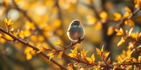Obraz premium Tiny titmouse on golden oak branch, sunny autumn park, sky, bright