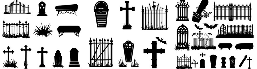A modern illustration set featuring creepy gravestones, tombstones, and scary fences in the form of Halloween graveyard silhouettes