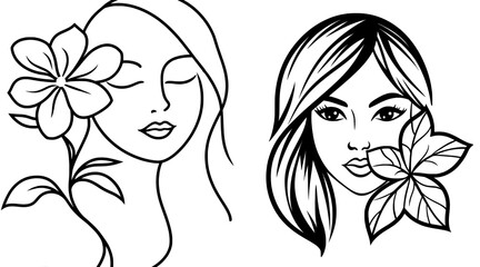 A modern line illustration of a woman's face with a flower is presented, suitable for logo design in beauty salons, cosmetics, health, and spas, emphasizing natural cosmetics through minimalist black