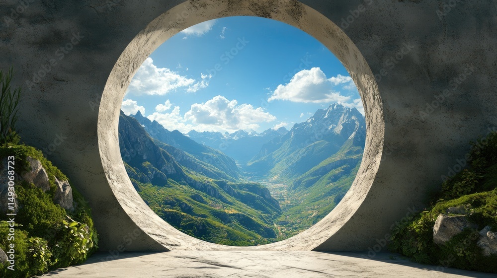 Poster a carved architectural sphere frames a panoramic view of majestic mountains, merging design and natu