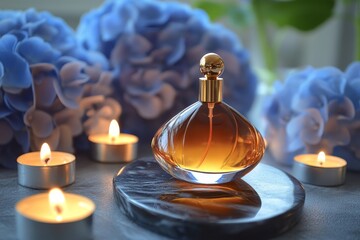 Elegant perfume bottle surrounded by hydrangeas and candles.