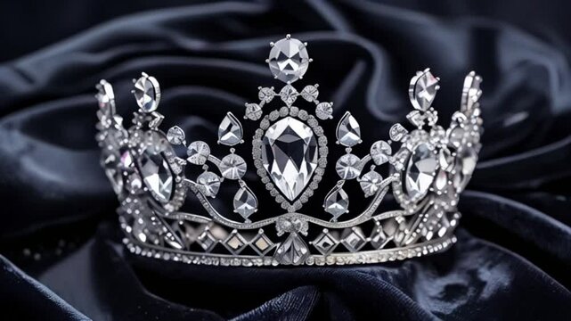 Diamond Silver Crown for Miss Pageant Beauty Contest, Crystal Tiara jewelry decorated gems stone and abstract dark background on black velvet fabric cloth, Macro,created with generative ai