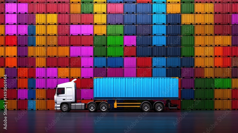 Poster a cargo truck maneuvers through stacked containers, capturing the complexity and energy of global tr