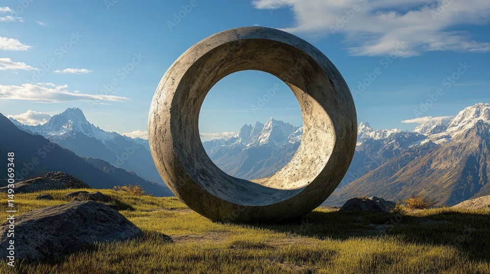 Poster a carved architectural sphere frames a panoramic view of majestic mountains, merging design and natu