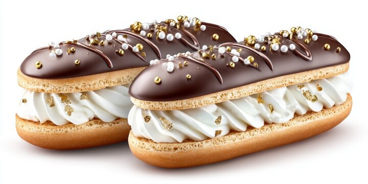 a realistic image of chocolate eclairs filled with cream and decorated with gold flakes
