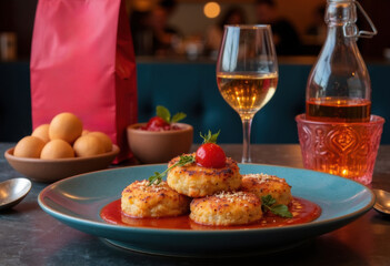 Delicious gourmet dish featuring crispy cakes topped with cherry and served with wine