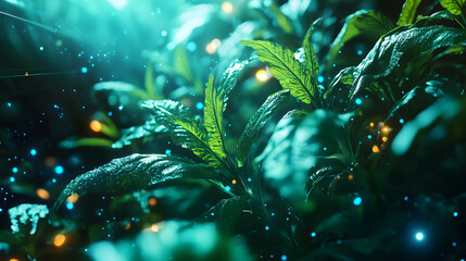 Lush Green Leaves with Magical Sparkles in Soft Illumination