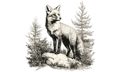 Black sketch vintage engraving, retro fox in woodland, detailed wildlife illustration, antique fauna drawing, monochrome animal line art, rustic nature etching, vintage forest scene