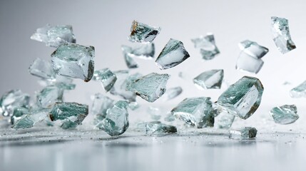 Shattered Glass Pieces Floating Mid-Air White Background