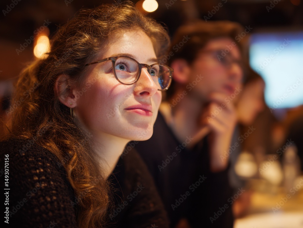 Aufkleber young woman with glasses looking upward in thoughtful expression, representing contemplation and fut