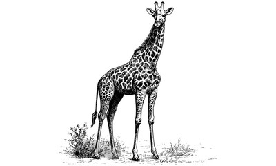 Naklejka premium Retro engraving giraffe in savanna, vintage animal print, monochrome line art mammal, rustic fauna drawing, detailed nature illustration, old engraving style, wildlife sketch, trendy botanical art