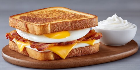 a realistic photo of a breakfast sandwich with egg bacon and melted cheese