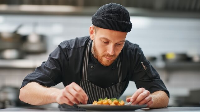 A skilled chef carefully plating a colorful dish in a modern kitchen, showcasing culinary art and attention to detail that exemplifies fine dining cuisine.