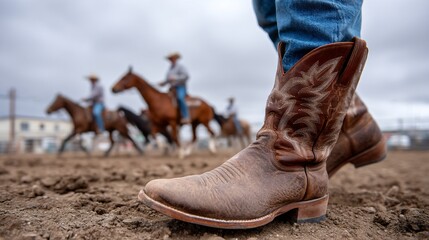 Cowboy boots on a dusty arena, riders in the background