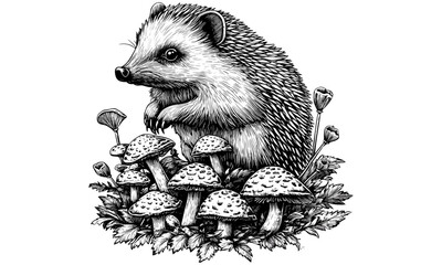 Retro engraving hedgehog among mushrooms, vintage wildlife etching, monochrome mammal line art, antique animal print, rustic fauna drawing, detailed nature illustration, old engraving style