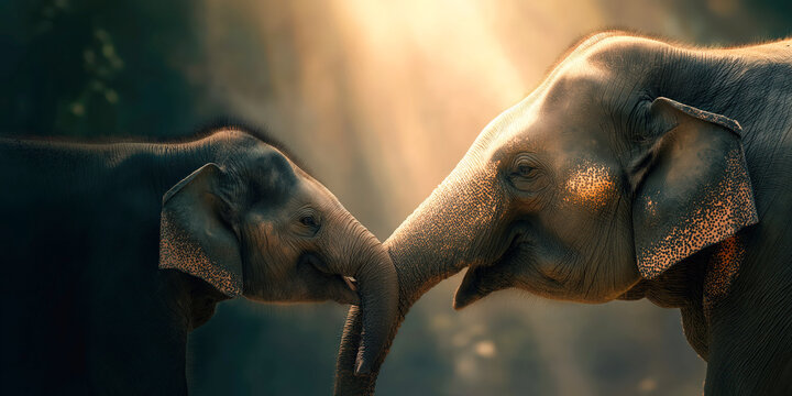 Mother and baby elephant touching trunks affectionately