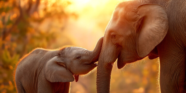Baby elephant kissing mother's trunk in warm sunset light