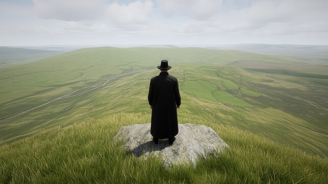 A solitary figure stands atop a rocky outcrop, gazing across a vast, green landscape under a cloudy sky, embodying a moment of reflection and connection with nature. - Powered by Adobe