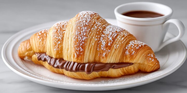 a realistic photo of a golden croissant filled with chocolate ganache and dusted with sugar